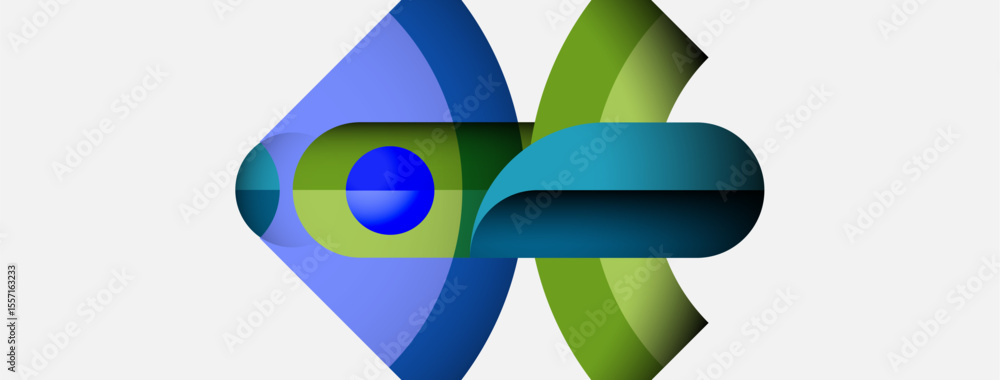 Poster Abstract graphic design features overlapping blue, green shapes. Circular element present, creating dynamic visual composition. Modern aesthetic.