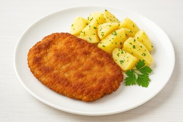 Crispy pork cutlet served with roasted potatoes
