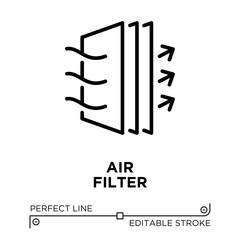 The line icon vector illustrates a component in an air conditioning system that filters air. The line icon is isolated on a transparent background and can be edited as needed