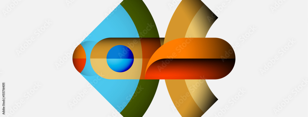 Poster Abstract geometric shapes overlap, creating dynamic composition. Colors include blue, orange, gold, green. Modern design, clean aesthetic.