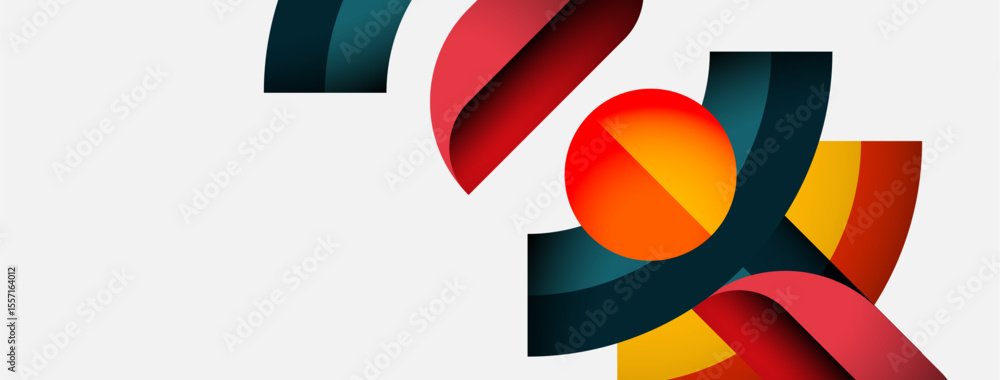Poster abstract shapes overlap, creating dynamic composition. red, yellow, teal hues dominate white backgro