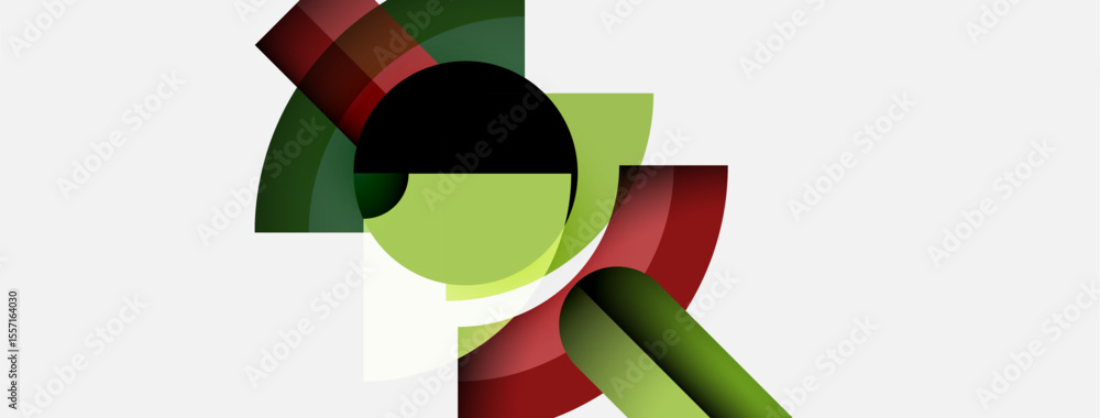 Poster abstract geometric shapes overlap, creating dynamic composition. colors include green, red, black, l