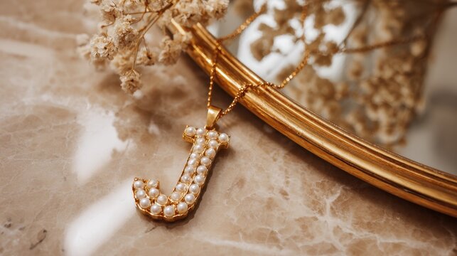 Elegant pearl letter j necklace on marble with floral reflection