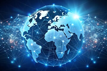 A glowing blue digital globe with interconnected lines, representing global communication and networking