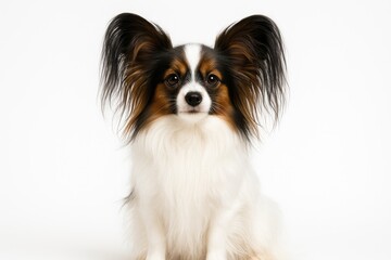 Small dog breed standing against plain white backdrop