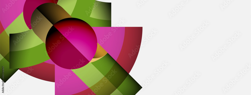 Poster abstract design features overlapping colorful shapes. pink, green hues dominate composition. modern,