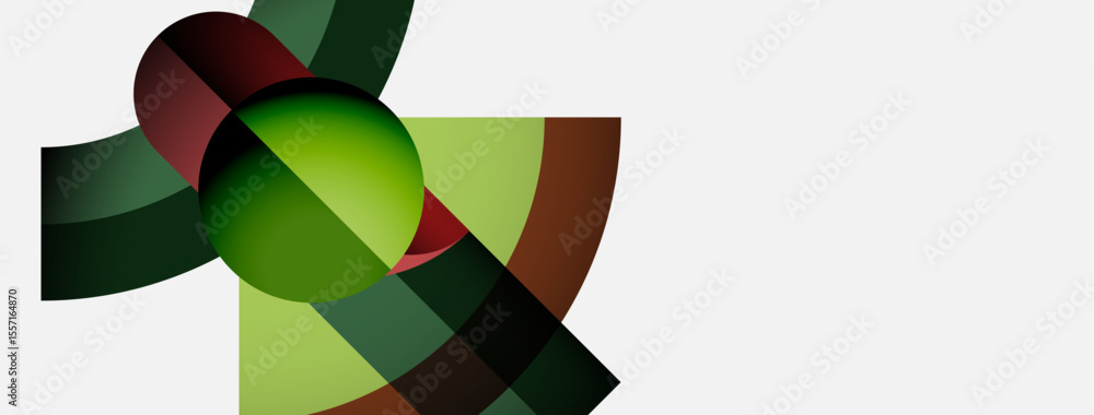Poster Abstract design features overlapping green, brown shapes. Circular elements create dynamic composition against white background. Modern, minimalist aesthetic.