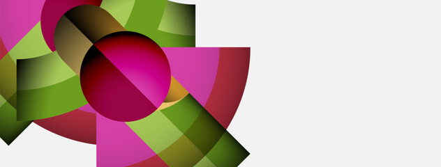 Abstract design features overlapping colorful shapes. Pink, green hues dominate composition. Modern, vibrant aesthetic.