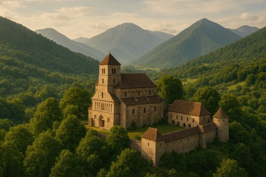 Wide-angle panorama of historic fortress in Eastern Europe