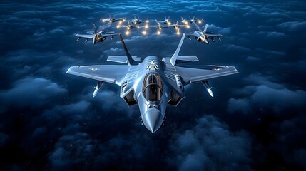 Night flight, fighter jets formation, clouds, aerial warfare, military