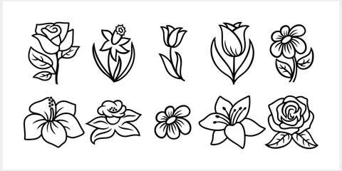 Outline narcissus and tulip isolated Doodle flowers set Hand drawing art line Fflower collection Vector stock illustration