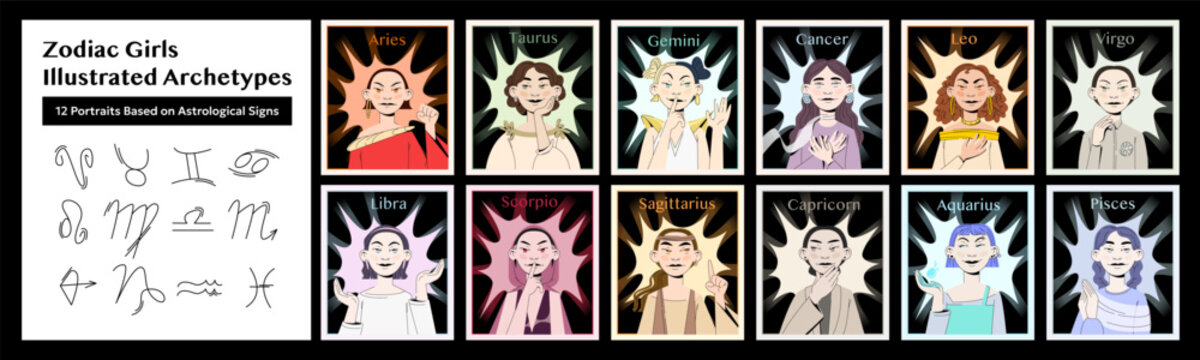 Zodiac Sign Portraits Set: 12 Modern Female Characters Based on Astrology