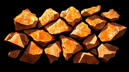 Orange rocks, shattered, isolated, black background, game texture