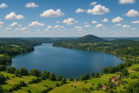 Wide-angle view of a serene freshwater lake