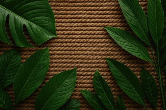 Fototapeta Vivid Close-Up of Lush Jungle Foliage Against a Twisted Rope Backdrop