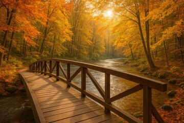 Fototapeta premium Scenic autumn pathway across a wooden bridge over a flowing river