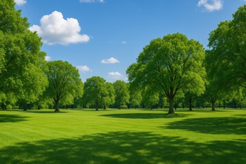 Fototapeta premium Scenic park view featuring greenery and open grassy areas
