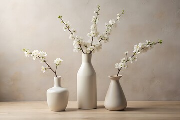 Three white vases of varying shapes and sizes hold delicate white flowering branches, creating a simple yet elegant still life © AKASH