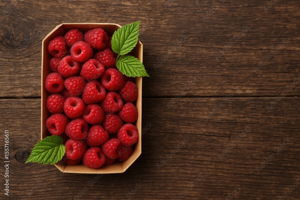 Poster fresh raspberry packaging on rustic wooden surface with greenery and ample space for text