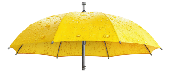 Bright yellow umbrella with water droplets.