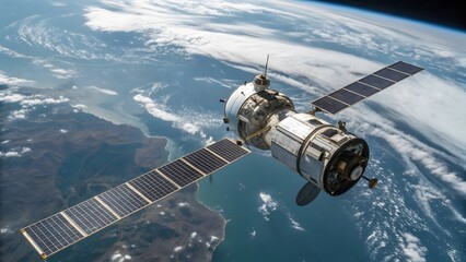 Obraz premium Satellite orbiting Earth, solar panels gleaming, reflecting sunlight. A breathtaking view of our planet from space, showcasing its beauty and fragility.