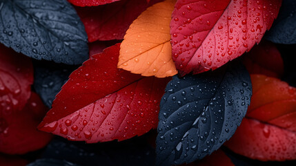 red, yellow autumn leaf with water drops make pattern background, lush green grass