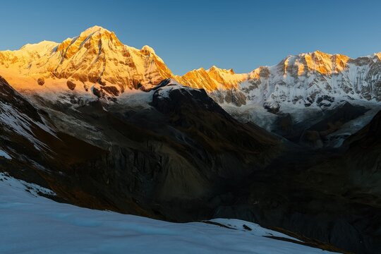 Sunrise panoramic panorama of the Himalayan mountain range from the high camp of Tharpu Chuli