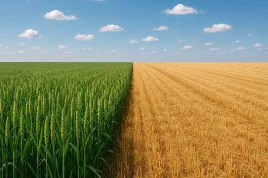 A partially combined wheat harvest scene