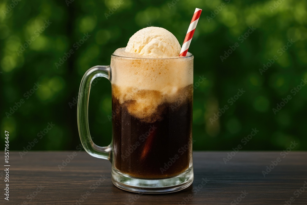 Poster Refreshing root beer float perfect for summer on a leafy green backdrop