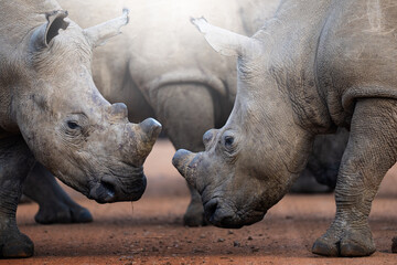 Two rhinos engage in a forceful dominance display, pushing and shoving each other on the open savanna, capturing raw power and territorial behavior during a safari game drive in South Africa.