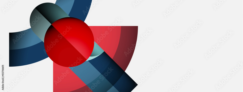 Poster Abstract geometric composition. Red sphere intersects blue shapes, creating dynamic visual effect. Minimalist design, clean lines, modern aesthetic.