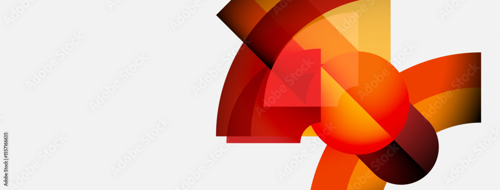 Poster Abstract design features vibrant orange, red hues. Geometric shapes overlap creating dynamic visual effect. Minimalist composition, clean background.