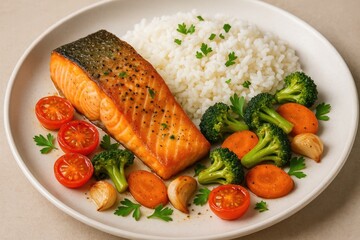 Baked seafood with grains and fresh produce served on a platter