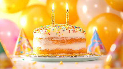 Two-candle birthday cake, party balloons background