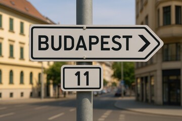 Obraz premium European road sign in a historic cityscape