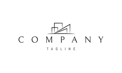 A vector logo featuring an abstract image a city skyline silhouette rendered in clean, linear style.