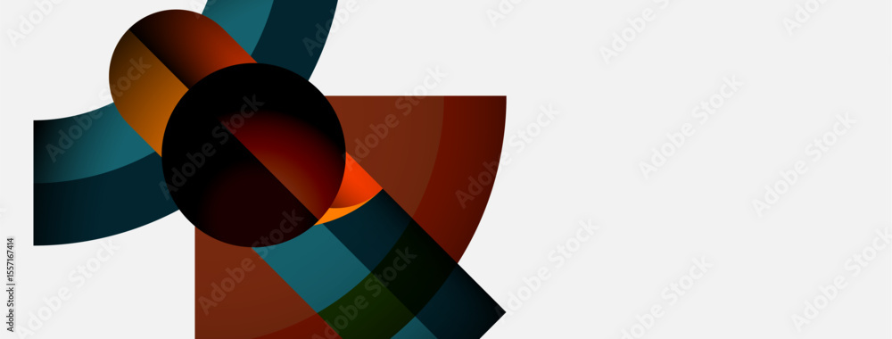 Poster abstract shapes overlap, creating dynamic composition. colors blendbrowns, blues, greensagainst whit