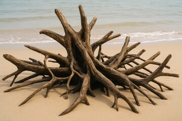 Wooden root fragments scattered along the shoreline post-high tide