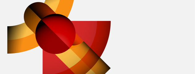 Abstract composition features curved shapes, red sphere, golden hues. Minimalist design with white background creates dynamic visual impact.