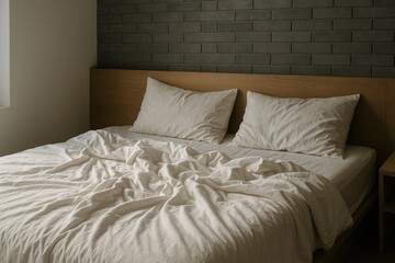 Disheveled double bed in a contemporary minimalistic bedroom with wooden accents, dark brick wallpaper, soft morning lighting on white sheets, pillows, and a rumpled blanket