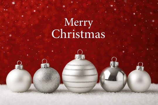 Festive silver and white holiday decorations against a sparkling red backdrop with snowy blur, perfect for a Christmas greeting. Celebrate the winter season and New Year with this cheerful design.
