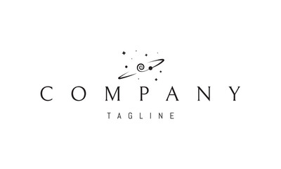 A vector logo featuring an abstract image a planet with a curved orbit line set against a starry background.