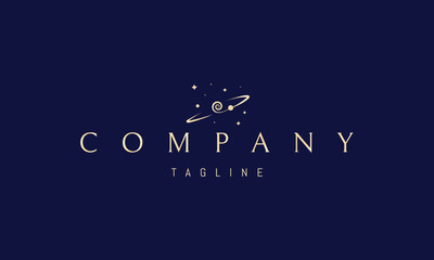 A vector golden logo featuring an abstract image a planet with a curved orbit line set against a starry background.