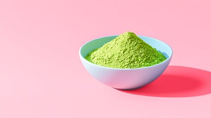 Matcha powder bowl, pink background, vibrant, healthy