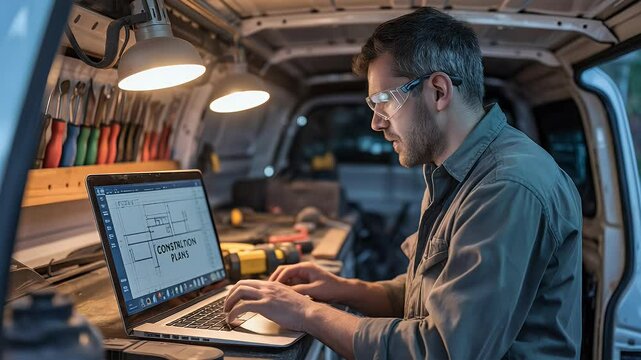 Focused craftsman reviewing blueprints on laptop in service van