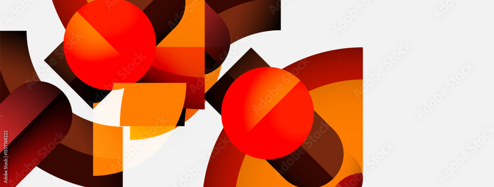 Poster abstract composition. red spheres overlap geometric shapes. warm tones dominate design, creating mod