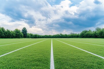 Green sports field under cloudy sky