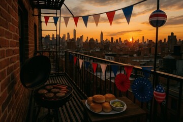 Patriotic Rooftop BBQ on New York Fire Escape at Sunset