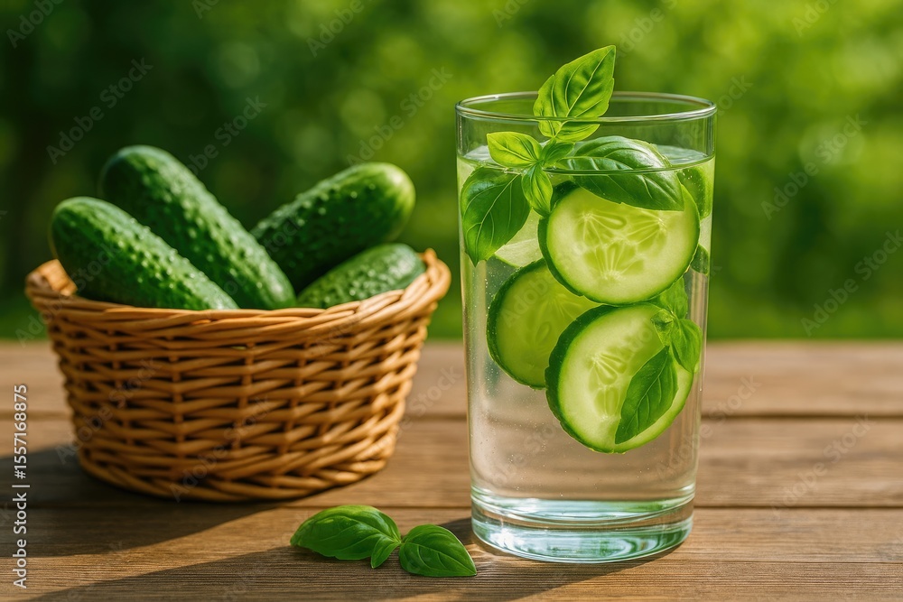 Poster infused refreshing beverage with cucumber slices and fresh basil in a glass, accompanied by a basket