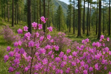 Springtime blooms of Rhododendron dauricum shrubs in the Altai woodland